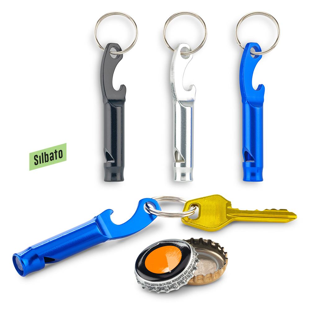 Llavero pito con destapador Silver front