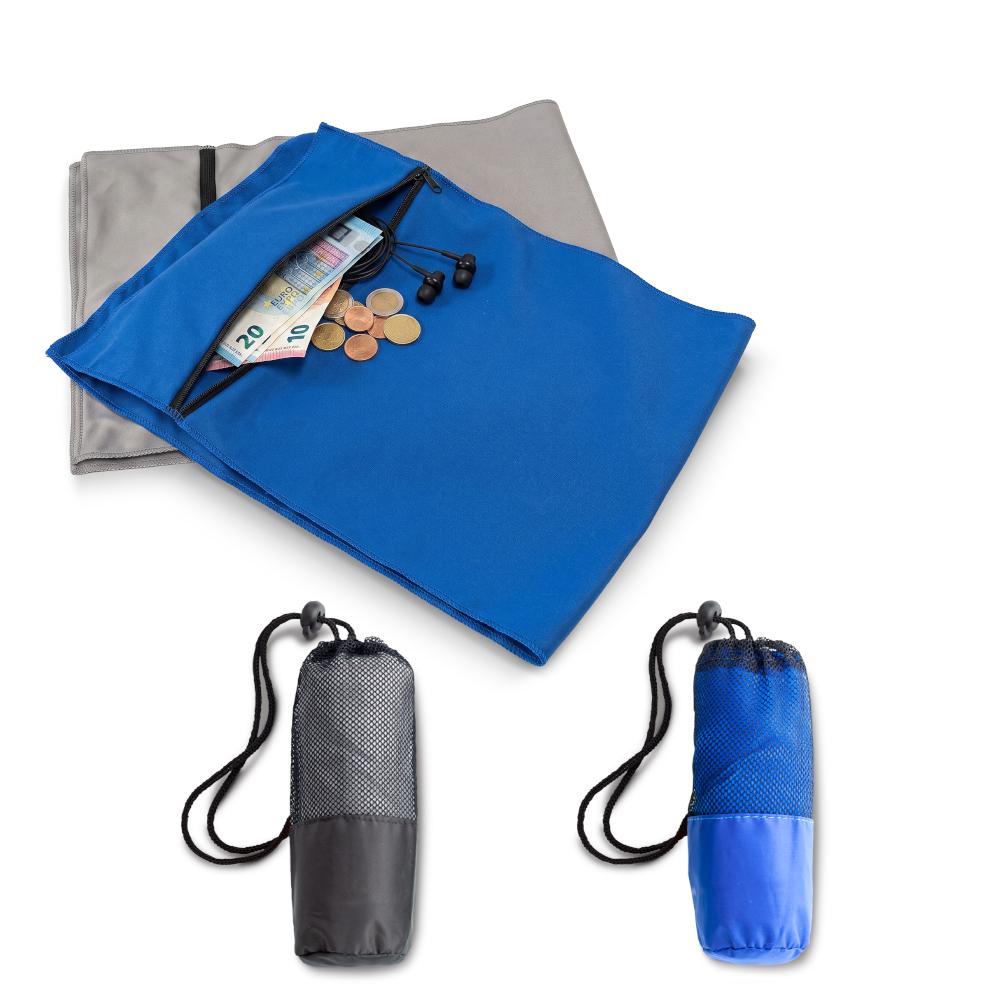 Toalla en microfibra multiusos con bolsillo nuevo produccion nacional Toalla Azul 30x80 -confección front