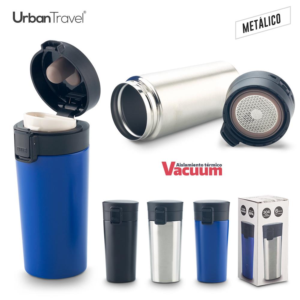 Mug metalico doble pared coffee urban travel 380ml Azul front
