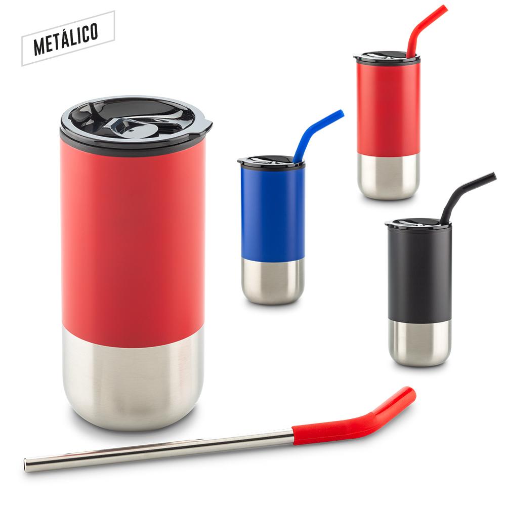 Mug metalico con pitillo 600ml Azul front