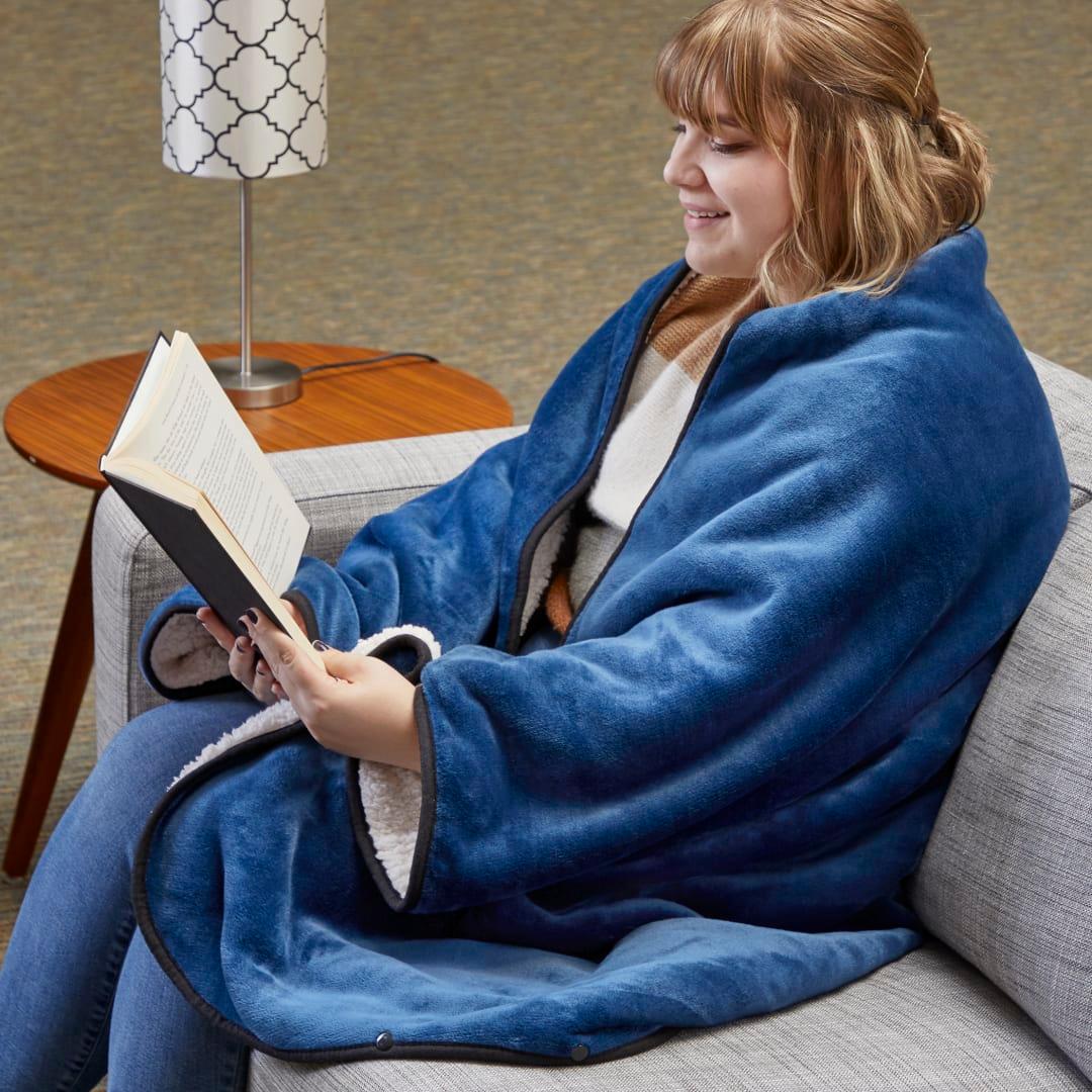 Oversized wearable wfh cozy fleece sherpa blanket Black miniatura 24