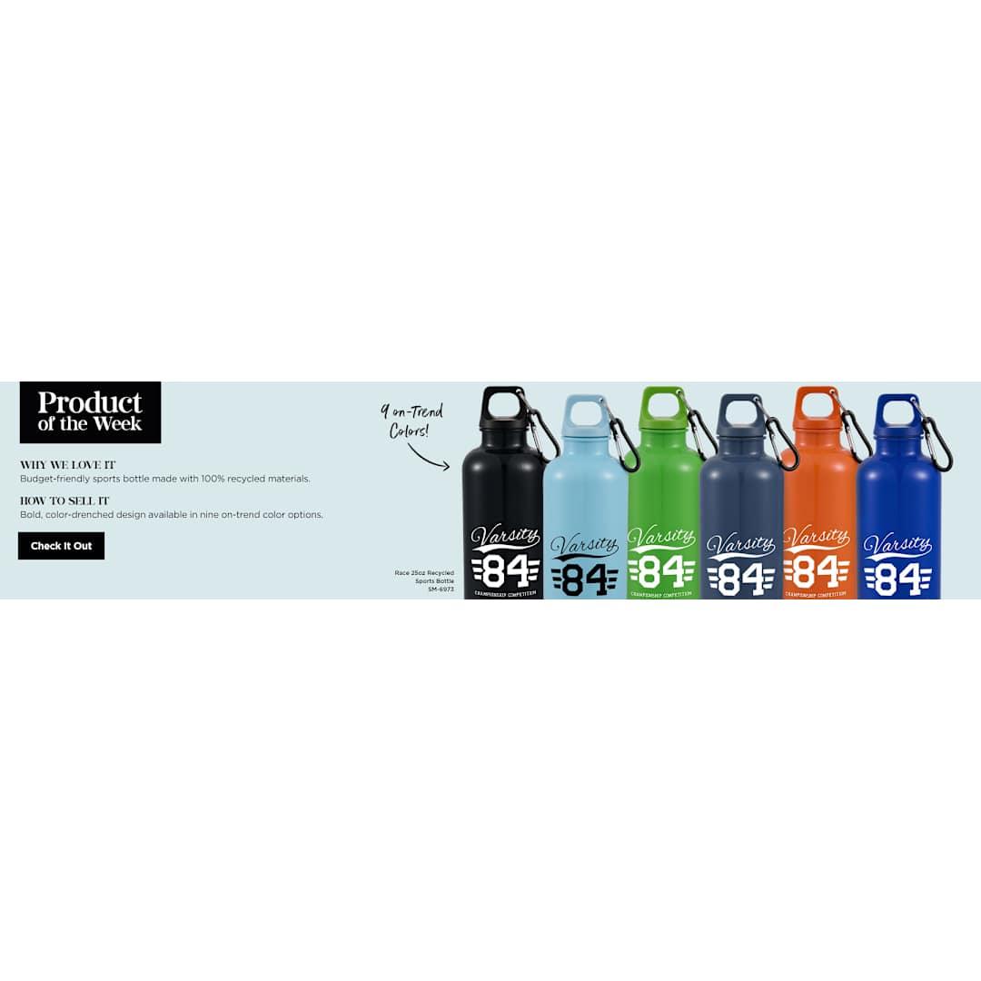 Race 25oz recycled bottle with carabiner Black front