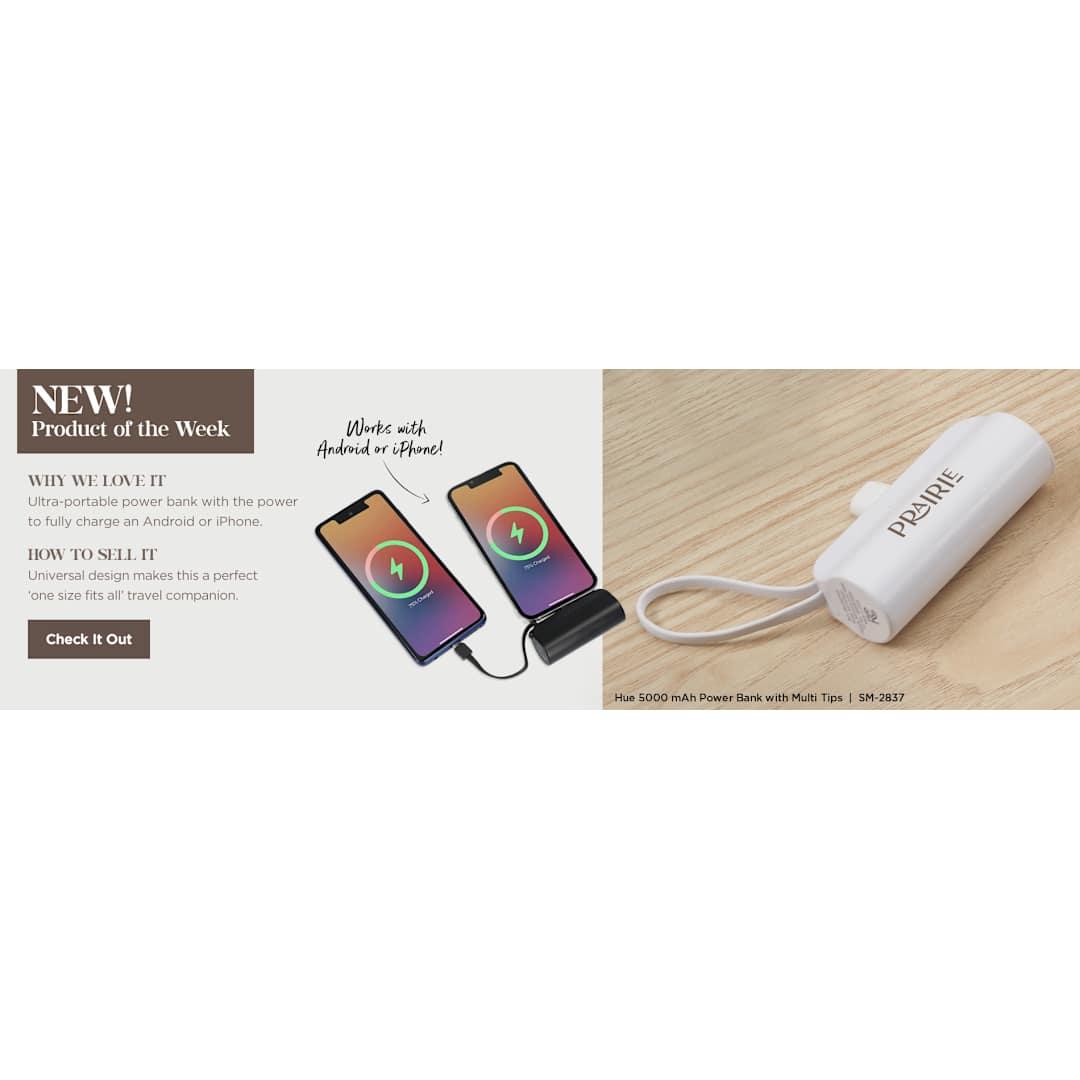 Hue 5000 mah power bank with multi tips Black front