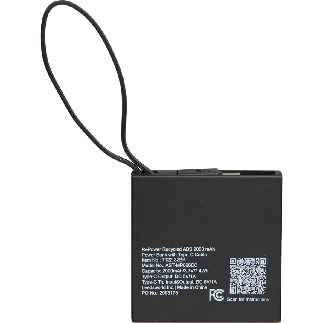 Recycled abs 2000 mah power bank with type-c cable Black miniatura 4
